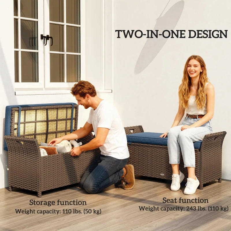2-In-1 Outdoor Storage Bench, 29 Gallon Wicker Deck Box with Handles and Cushion, Navy Blue