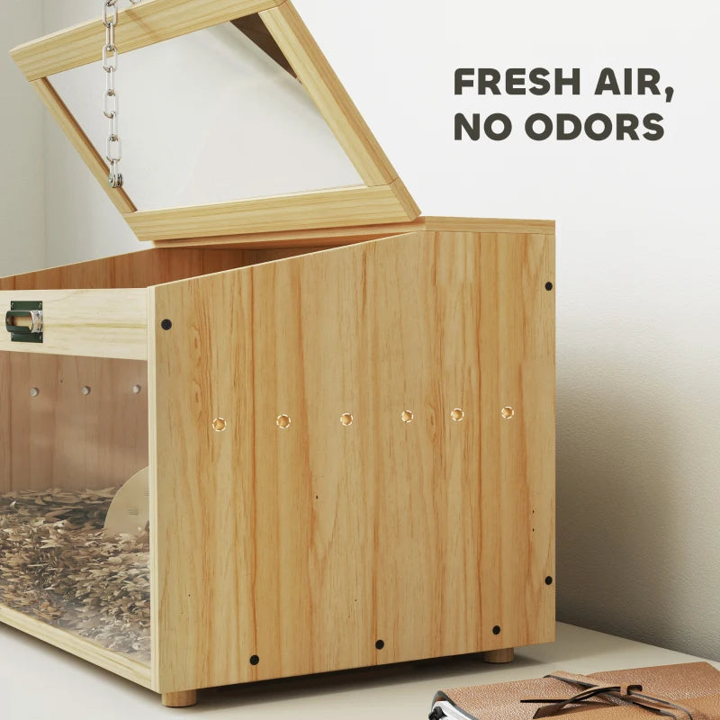 22"L Hamster Cage with Openable Top & Acrylic Windows, Small Animal Cage with Hut, Seesaw, Ladder, Natural Wood