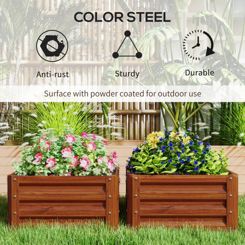2' x 2' x 1' 2-Pieces Raised Garden Bed w/ Galvanised Steel Frame for Vegetables Flowers Herbs, Dark Brown Wood Effect
