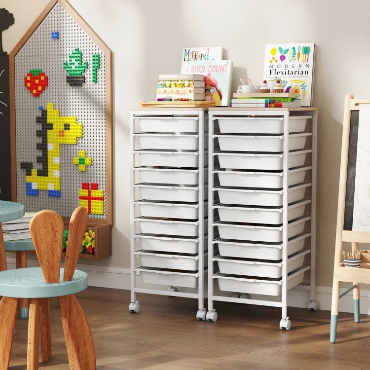 10-Drawer Rolling Storage Cart Mobile Utility Organizer with Wooden Tabletop and Lockable Wheels-White