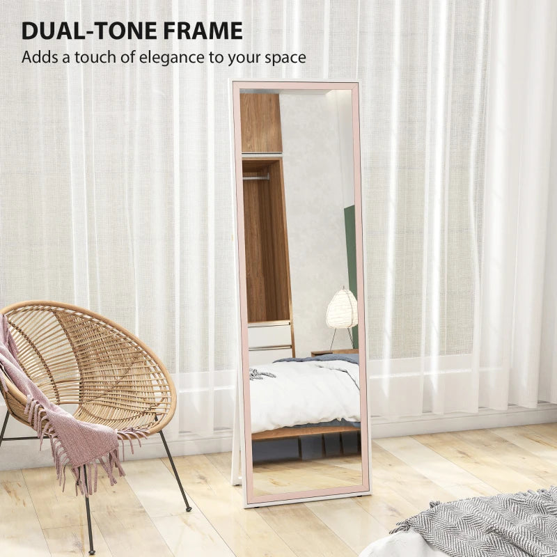 64" x 21" Full Length Mirror, Rectangular Full Body Mirror with Frame, Standing, Hanging or Leaning, White and Pink