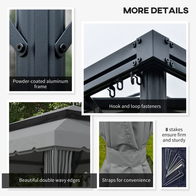 13' x 10' Patio Gazebo Canopy with 2-Tier Polyester Roof, Vented Mesh Sidewall & Strong Aluminum Frame, Light Grey