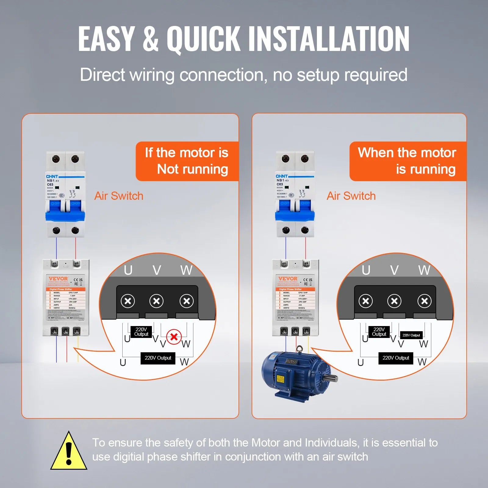 VEVOR 3 Phase Converter - 7.5HP 23A 220V Single Phase to 3 Phase Converter, Digital Phase Shifter for Residential and Light Commercial Use, 220V-240V Input/Output (One Converter for One Motor Only)