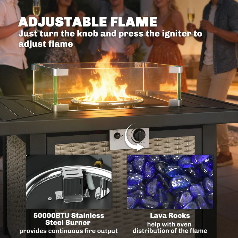32" Propane Gas Fire Pit Table, 50,000 BTU Square Patio Table with Fire Pit, Wind Guard, Lid, CSA Certified, Grey