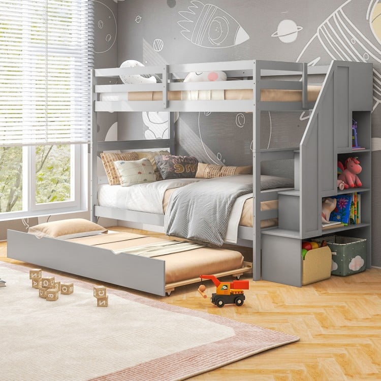 Home Wood Bunk Bed with Guard Rail and 4-step Storage Stairs No Box Spring Needed-Gray
