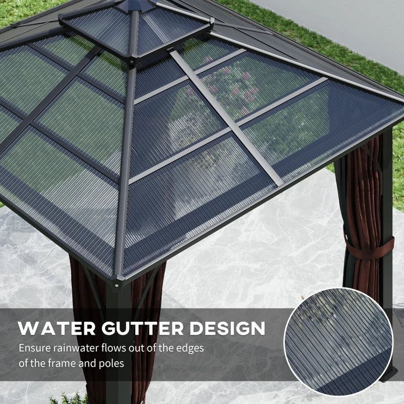 10' x 10' Hardtop Gazebo with 7mm Double Polycarbonate Roof, Outdoor Gazebo with Netting and Curtains, Coffee
