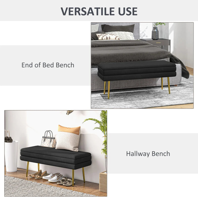 39" Storage Ottoman, Velvet End of Bed Bench with Steel Legs, Foot Stool with Storage for Bedroom, Living Room, Black