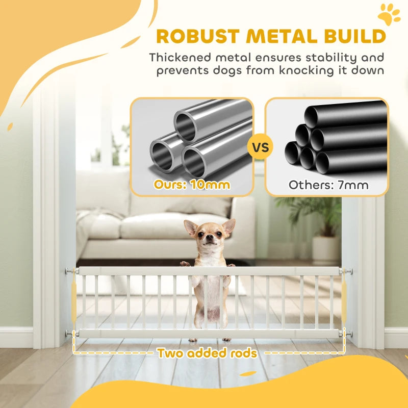 26"-37" Dog Gate, Adjustable Pet Gate, Fits 10" Tall with 2 Extension, Pressure Mount Kit for Stairs and Doorways, White
