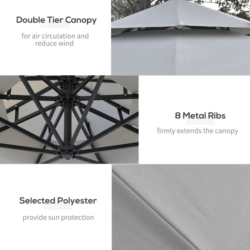 10FT Cantilever Patio Umbrella with Lights Solar Powered Offset Umbrella with Crank and Cross Base for Deck Light Grey