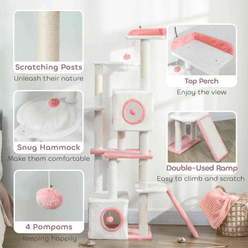 65 Inch Cat Tree with 2 Doors Condos, Plush Top Perch, Hammock, Sisal Scratching Posts, 4 Pompoms, Ramp, White
