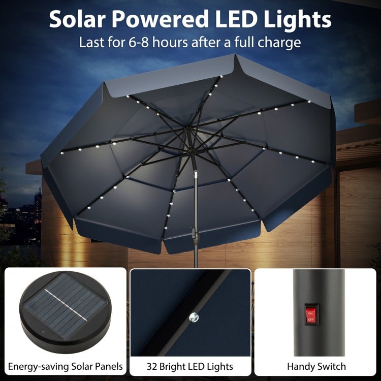 10 Feet Solar Patio Umbrella with 3-Tier Vented Top-Navy