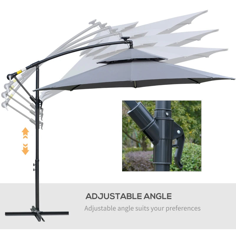 10FT Cantilever Patio Umbrella with Lights Solar Powered Offset Umbrella with Crank and Cross Base for Deck Grey