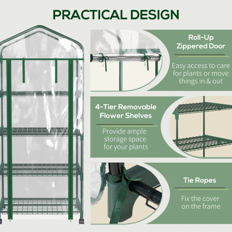 27" x 20" x 65" Portable Greenhouse with 4 Tier Shelves and Wheels, Outdoor Hot House Plant Flower Greenhouse, Steel Frame, Plastic Cover, Clear