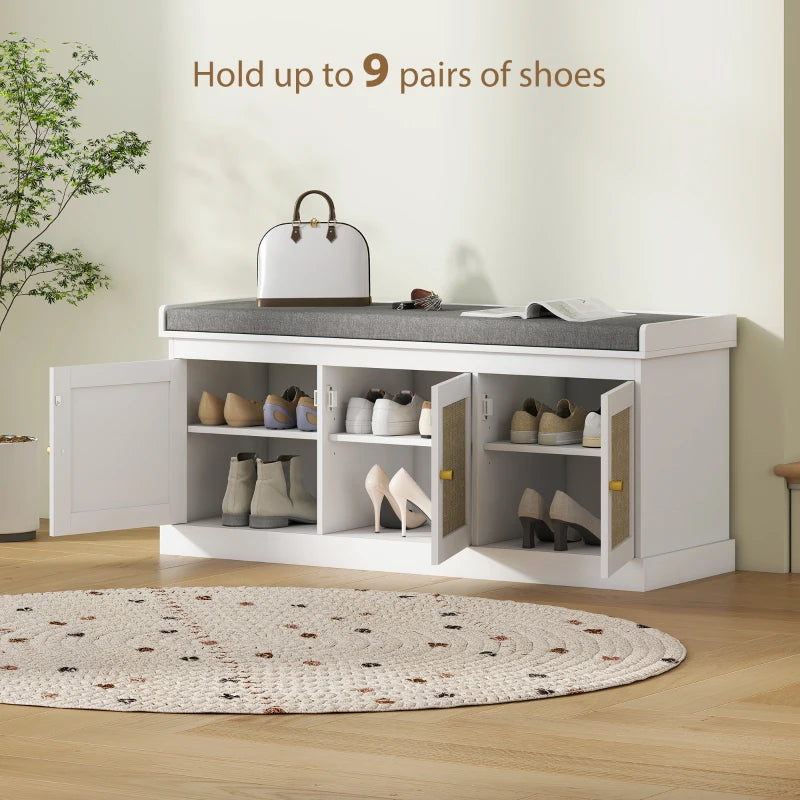 Shoe Storage Bench with Woven Rattan Doors, Shoe Bench with Cushion, Adjustable Shelves, Entryway Bench, White