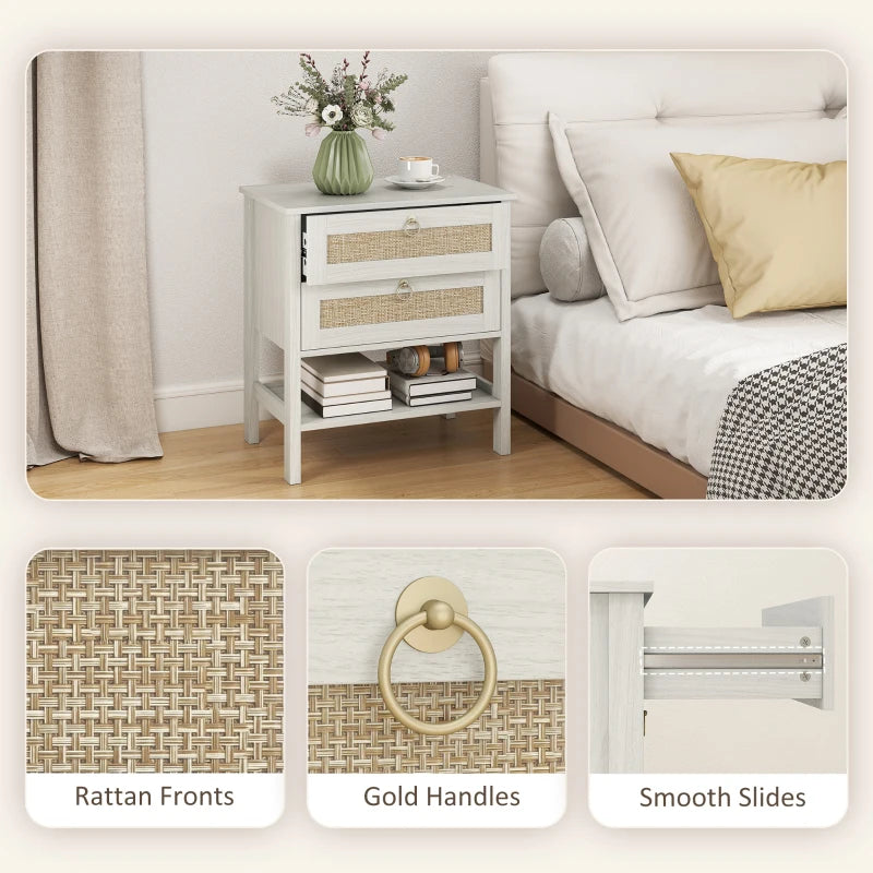 Set of 2 Boho Bedside Tables, Rattan Nightstands with 2 Drawers, Storage Shelf, End Side Tables for Bedroom, White Oak