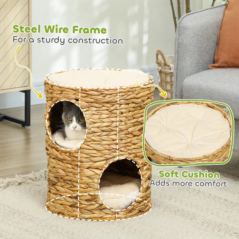 2-Storey Cat Condo Barrel, Small Cat Tree Tower with Top Perch and 2 Hideaways, 2 Entrances, 3 Cushions, Light Brown