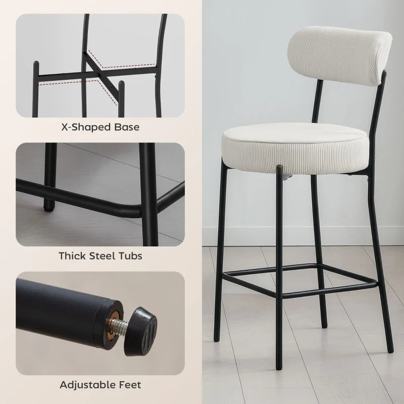 Set of 2 Barstools, Upholstered Corduroy Bar Stools with Backrest, Footrest for Kitchen Island, Dining Room, Cream White