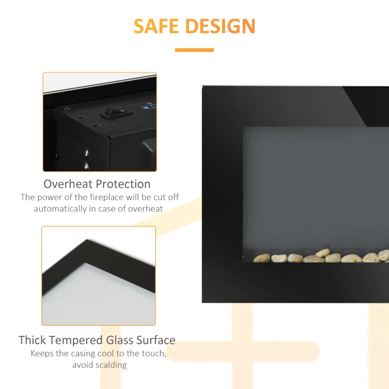 36" Wall-Mounted Electric Fireplace, 750/1500W Fireplace Heater with Flame Effect, 7 Color Bacround Light and Side Light, Black