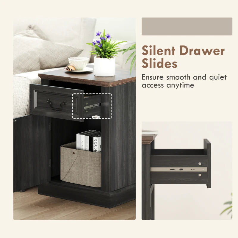 Side Table Set of 2, End Tables with Drawer and Cabinet, Nightstands for Small Spaces, Living Room, Black