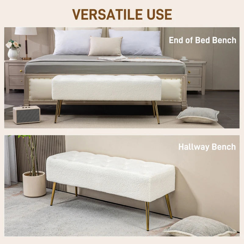 44" Lamb's Wool-Feel Upholstered Bedroom Bench, End of Bed Bench with Thick Padded Cushion and Steel Legs, Cream White