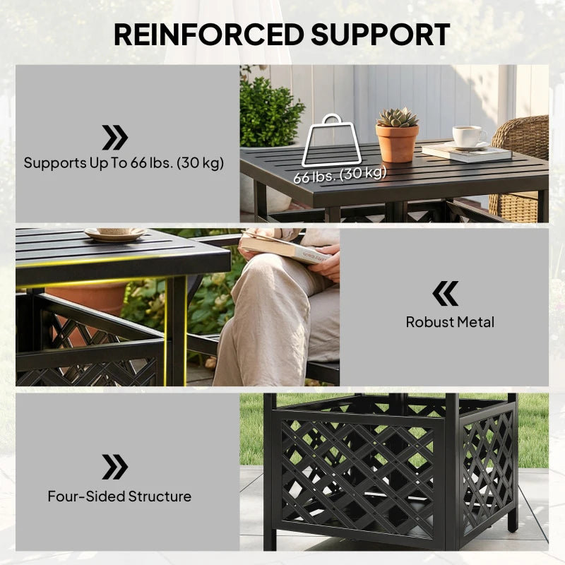 22" Outdoor Coffee Table, Patio Side Table with Umbrella Hole Slatted, Metal Top, for Garden, Backyard, Poolside, Black