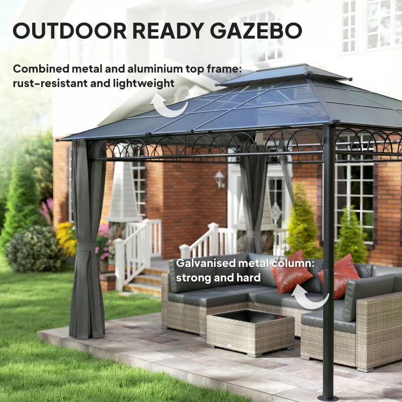 10' x 12' Outdoor Gazebo Canopy, Double Roof Hardtop Gazebo with Polycarbonate Roof, Steel Frame, Nettings and Curtains