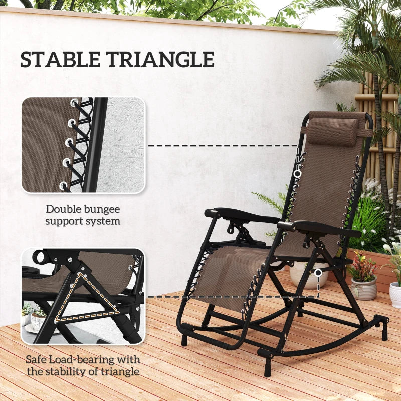 2 in 1 Adjustable Zero Gravity Reclining Lounge Chair Garden Recliner and Rocker Foldable Sun Lounger Napping Seat w/ Headrest & Tray Brown