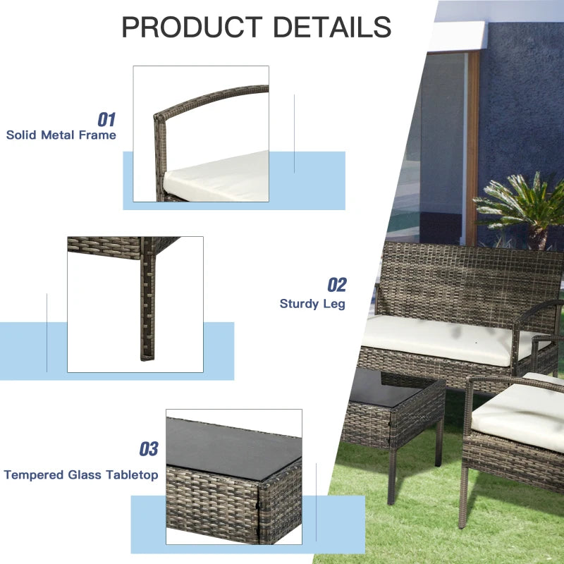 4 Pieces Patio Furniture Sets with A Loveseat, Two Armchairs and A Coffee Table, Outdoor Conversation Set with Glass Top Table, Grey PE Rattan and Cream White Cushions