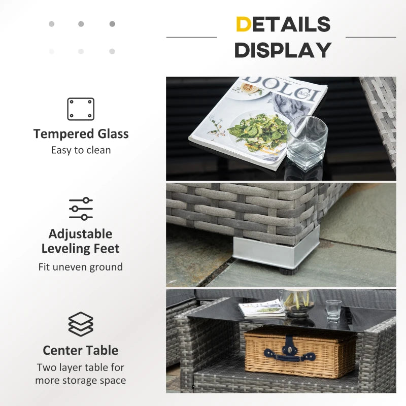 5 Pieces Wicker Patio Furniture Set with 4" Thick Cushions, Outdoor PE Rattan Garden Conversation Sectional Sofa Set with Glass Top Two-tier Coffee Table, Grey
