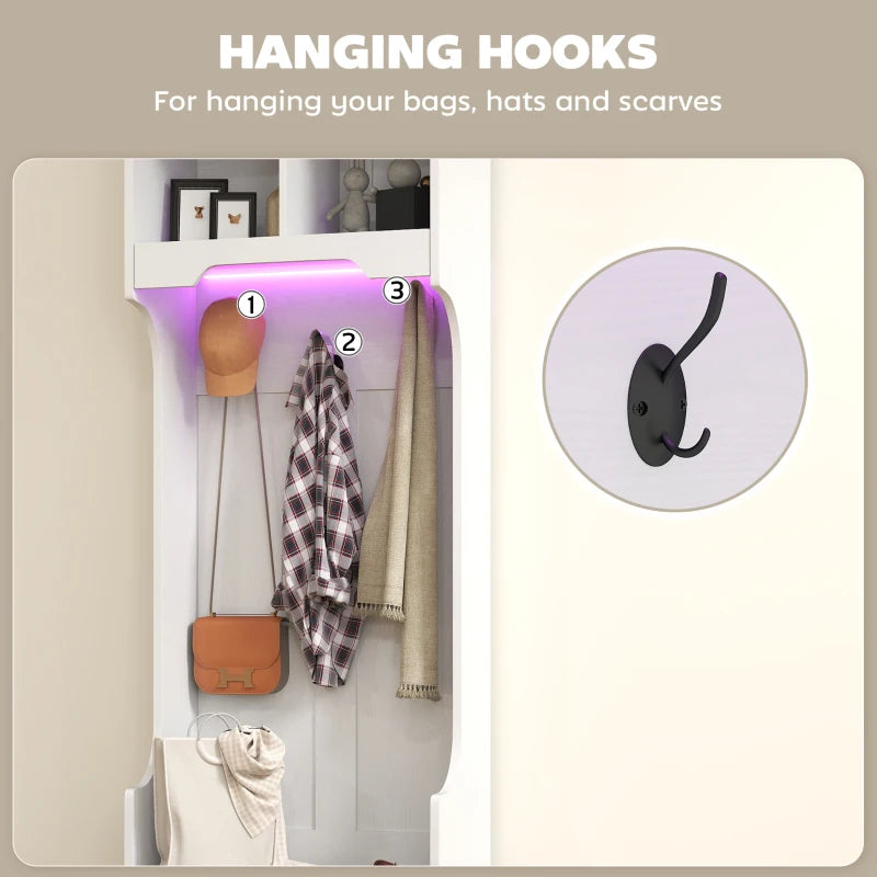 3-in-1 Hall Tree with LED Lights and Bench, Coat Rack with Shoe Storage, White Wood Grain with Light