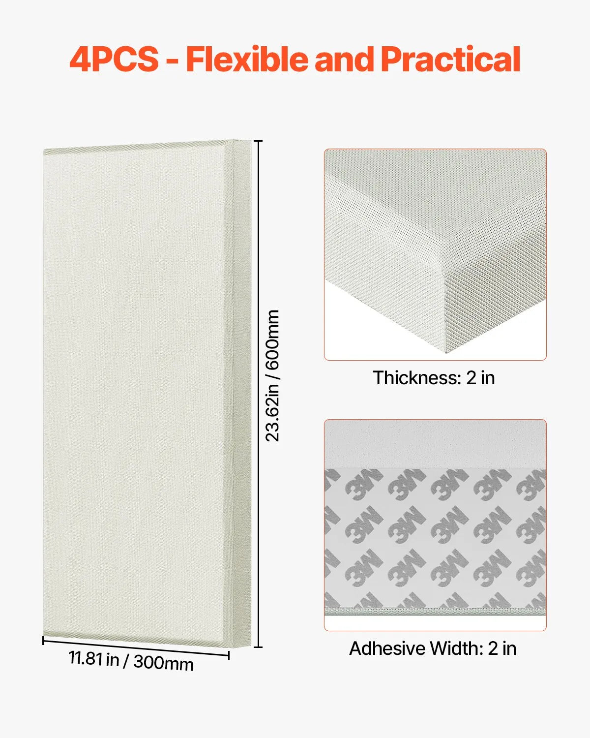 VEVOR 4 PCS Acoustic Wall Panels 2 in Thick 23.6 x 11.8 in Self-adhesive Beige