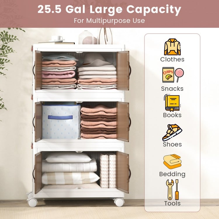 25.5/60 Gal 3-Tier Stackable Storage Boxes Bins with Magnetic Doors and Lockable Casters-S