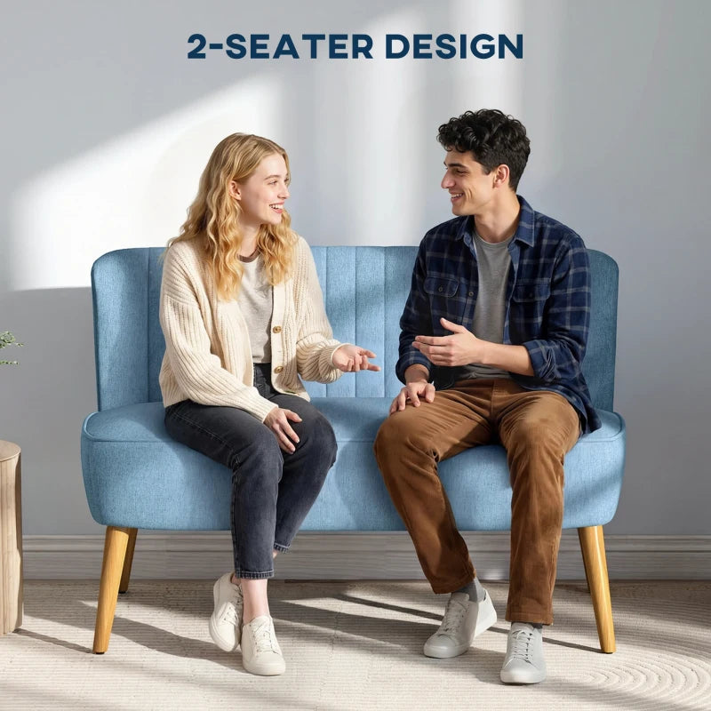 2 Seat Sofa, Upholstered Loveseat Sofa with Rubber Wood Legs, Blue