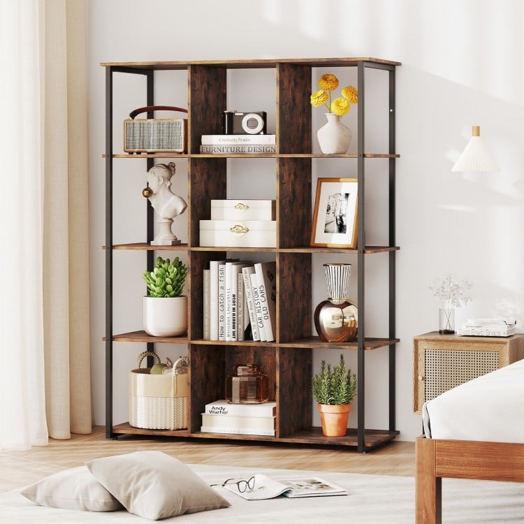 12-Cube Bookcase with 2 Anti-tipping Kits for Living Room-Rustic Brown