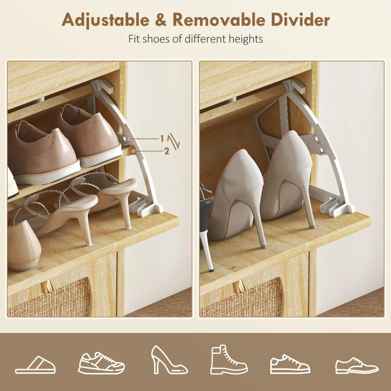 4 Flip-Drawer Shoe Cabinet, Shoe Storage Cabinet with Rattan Doors and Adjustable Shelves, Holds 16 Pairs, Natural