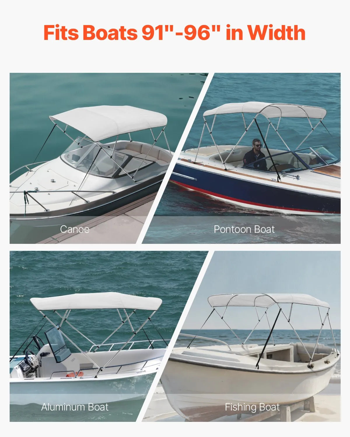 VEVOR 4 Bow Boat Bimini Tops 8'Lx(91"-96")W x 54"H Awning Canopy Light Grey