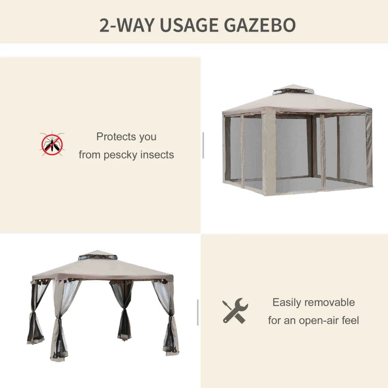 10' x 10' Patio Gazebo Outdoor Pavilion 2 Tire Roof Canopy Shelter Garden Event Party Tent Steel Frame, Brown