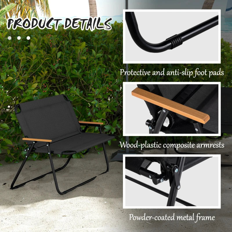 2-Seat Folding Patio Bench Camping Chair, Sports Chair with Armrest, Mesh Fabric Seat for Lawn, Black