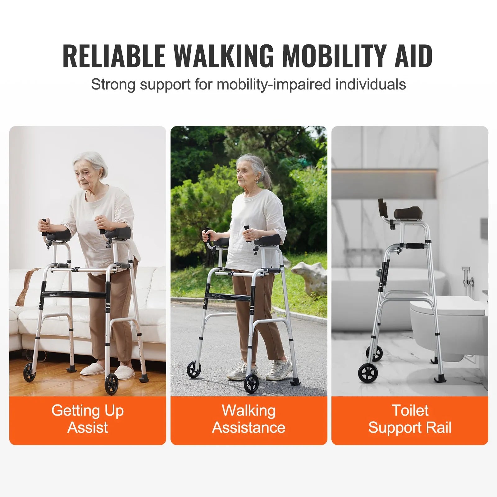 VEVOR 2 in 1 Folding Walker with Armrest Pads & 5" Solid Wheel Height Adjustable