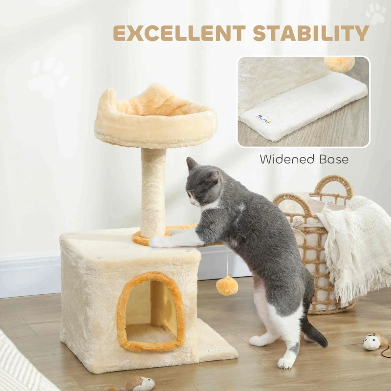 28" Cat Tree Tower with Plush Top Bed, Cozy Condo, Sisal Scratching Post, Perch, Dangling Ball, Beige and Yellow