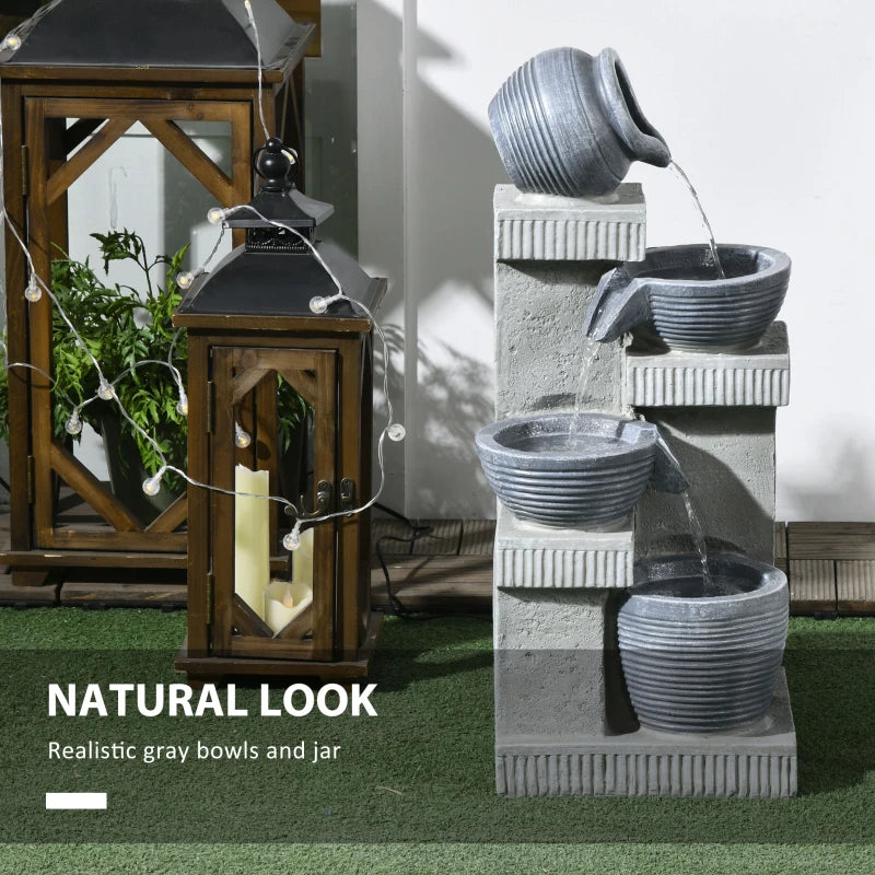 4-Tiered Outdoor Jar and Bowls Water Fountain with LED Lights, Adjustable Flow, 26.4-inch Resin Waterfall Fountain