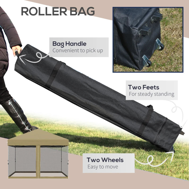 10' x 10' Pop-Up Party Tent UPF50+ Outdoor Canopy Tent with Mesh Sidewalls, 3-Level Adjustable Height, Roller Bag, Khaki