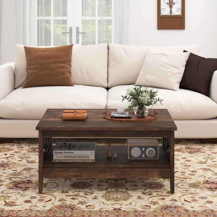 2-Tier Farmhouse Coffee Table with Open Shelf and Woven Decorations for Living Room-Rustic Brown