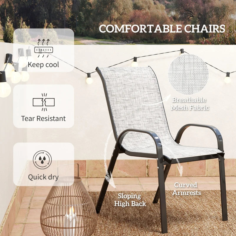 3 Pieces Bistro Set, Small Patio Furniture Set with Stackable Mesh Chairs, Glass Table for Garden, Balcony, Grey