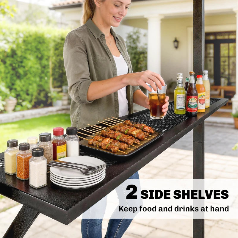 12' x 6' Hardtop Grill Gazebo, BBQ Gazebo with 2 Side Shelves and Galvanized Metal Slope Roof, Black