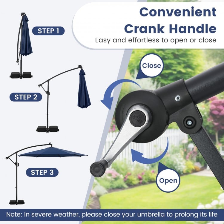 10 Feet Solar Offset Hanging Umbrella with Base and LED Lights-Navy