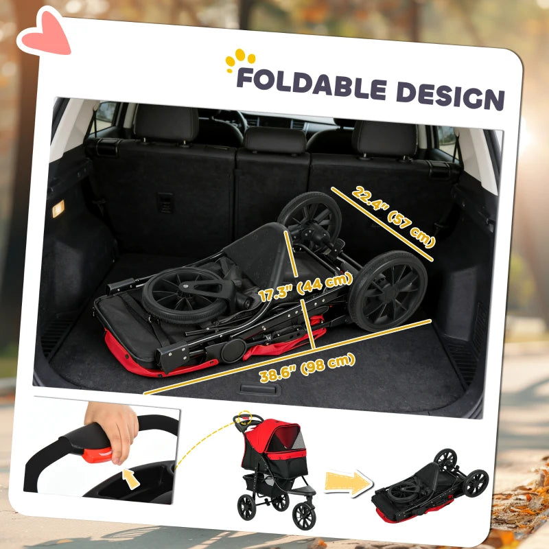 3 Wheel Folding Dog Stroller, Travel Carrier with Adjustable Canopy, Storage Brake, Mesh Window for S&M Dogs, Red