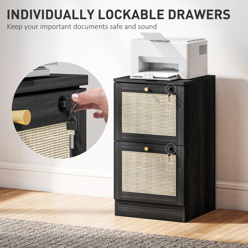 2 Drawer Filing Cabinet with Lock, Boho File Cabinet for A4 Letter Size Files with Decorative Rattan Accents, Black