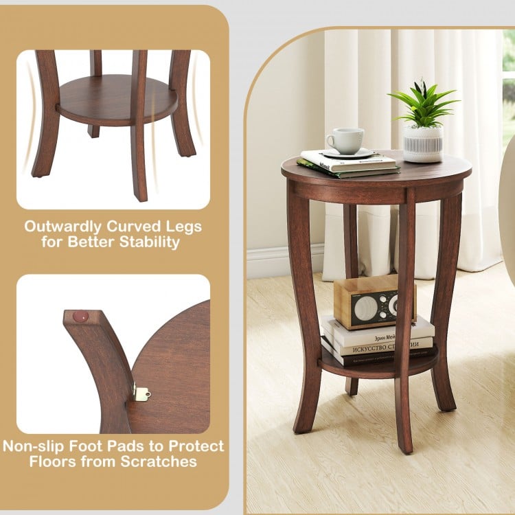 2-tier Round End Table with Solid Wood Legs-Brown