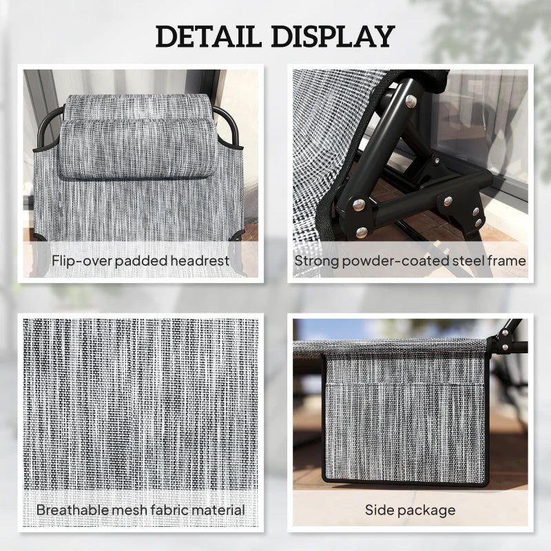 2-Piece Folding Lounge Chairs with Adjustable Backrest, Tanning Chair with Cushion, Side Pocket, Headrest, Grey
